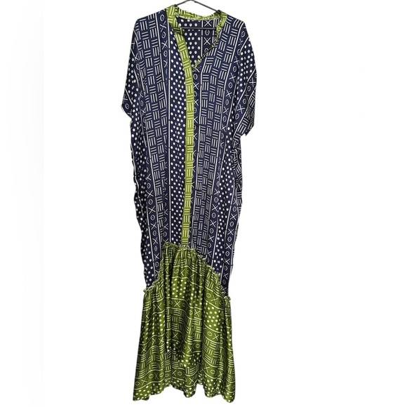 Vintage V NECK urban printed SILK Maxi Dress Kaftan - Picture 7 of 14
